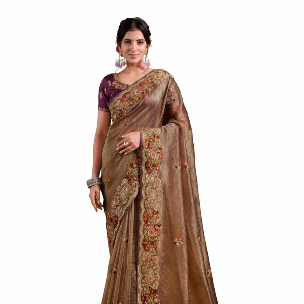 Exquisite Pure Banarasi Crush Brown Saree with Silk Handwork Blouse